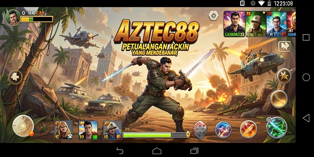 Tangkapan layar gameplay AZTEC88 yang menunjukkan aksi seru dalam pertempuran.