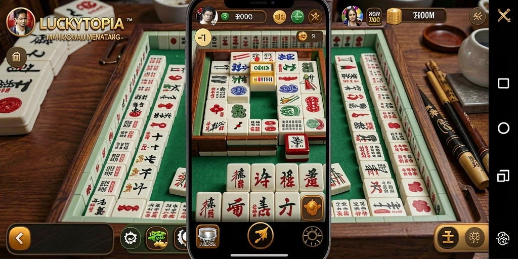 Tampilan gameplay LUCKYTOPIA yang seru dan menantang di papan Mahjong.