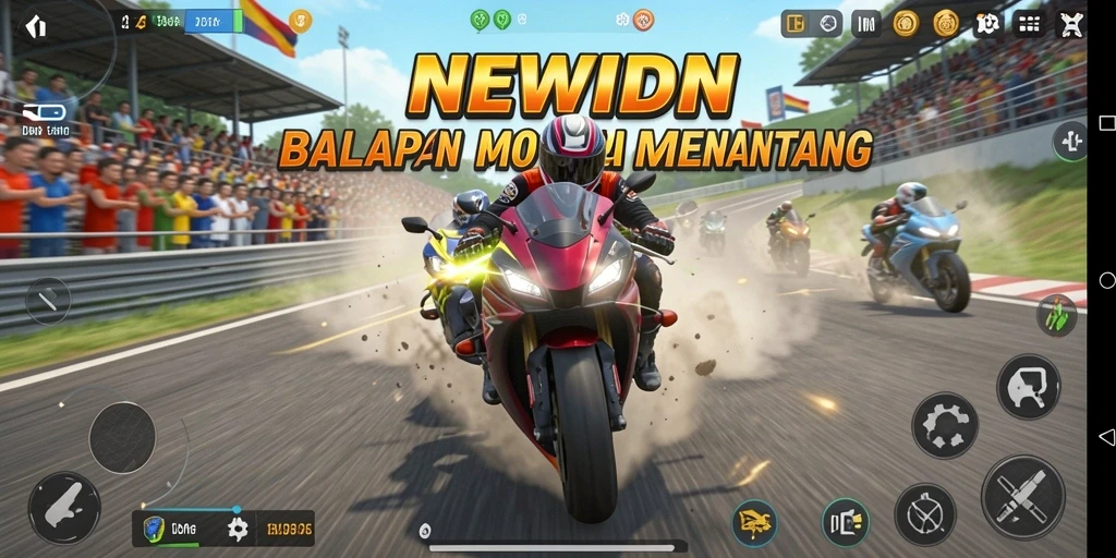 Screenshot gameplay NEWIDN menampilkan balapan motor yang mendebarkan.