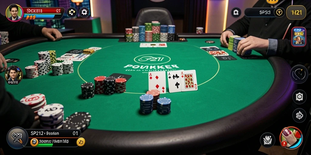 Screenshot SP212 menunjukkan gameplay poker yang menegangkan dan interaktif.