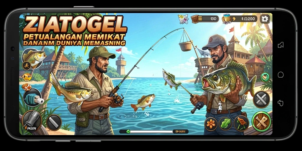 Screenshot permainan <strong>ZIATOGEL</strong> yang menggambarkan aksi memancing.